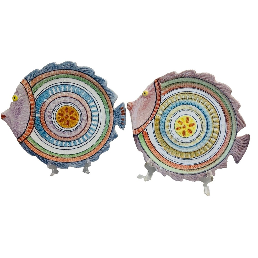 Hand Painted Fish Plates Set of 2 Italian Ceramic Decorative‎ Whimsical Textured